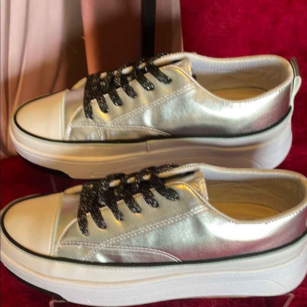 Michael Kors Silver Metallic Platform Sneakers with Black Glitter Laces